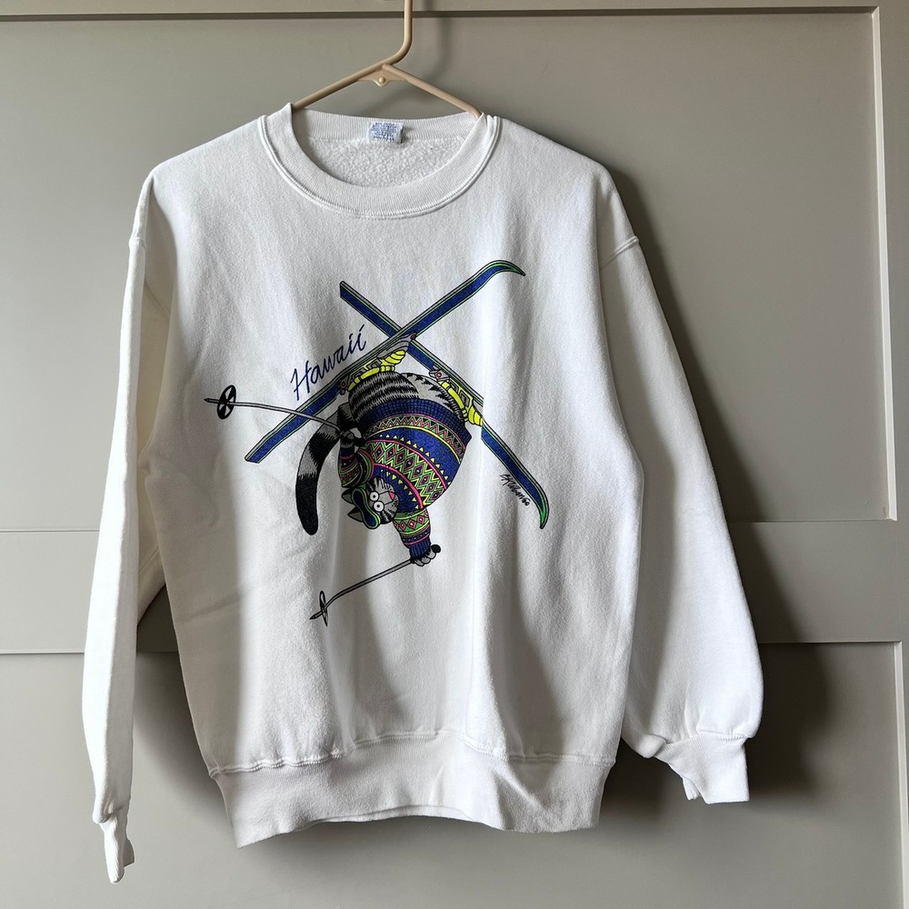 Vtg Crazy Shirts Hawaii Kliban Cat Skiing Graphic‎ Sweatshirt White Medium USA